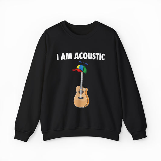 The I Am Acoustic Crewneck is a black sweatshirt with "I AM ACOUSTIC" and a guitar in a colorful propeller hat, crafted from ethically grown cotton—perfect for fans of fun, feel-good style.