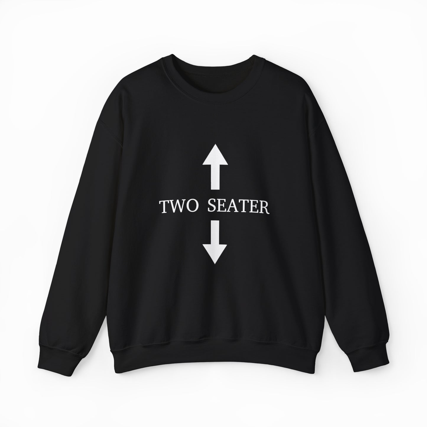 The Two Seater Crewneck from Illegal Shirts is a black sweatshirt with "TWO SEATER" in white between two large vertical arrows, crafted from medium-heavy fabric for lasting comfort.