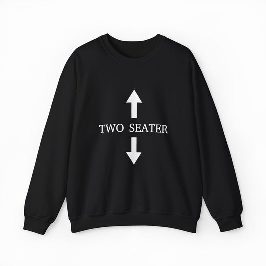 The Two Seater Crewneck from Illegal Shirts is a black sweatshirt with "TWO SEATER" in white between two large vertical arrows, crafted from medium-heavy fabric for lasting comfort.