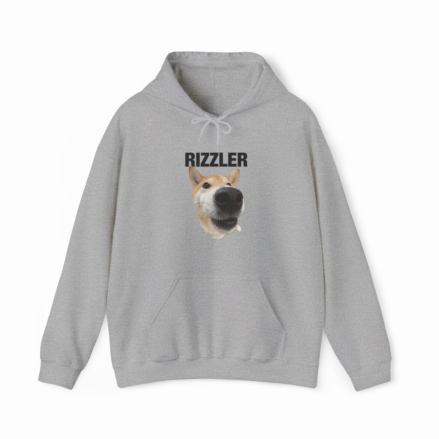 The Rizzler Hoodie is a gray, medium-heavy sweatshirt showcasing a large dog face graphic with bold "RIZZLER" text above—ideal for Illegal Shirts fans.