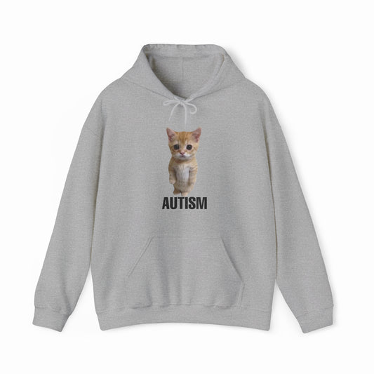 The Autism Cat Hoodie is a light gray, medium-heavy hoodie featuring a print of an orange standing kitten with "AUTISM" in bold black letters below—ideal for any Autism Cat fan.