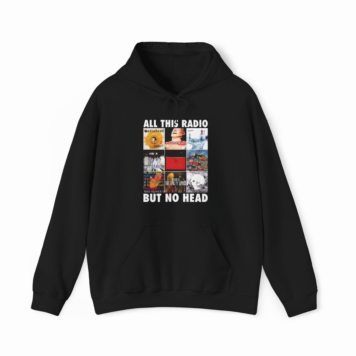 The All This Radio But No Head Hoodie features nine colorful album covers in a grid with bold text above and below, crafted from medium-heavy black fabric—an eye-catching Illegal Shirts piece perfect for music lovers.