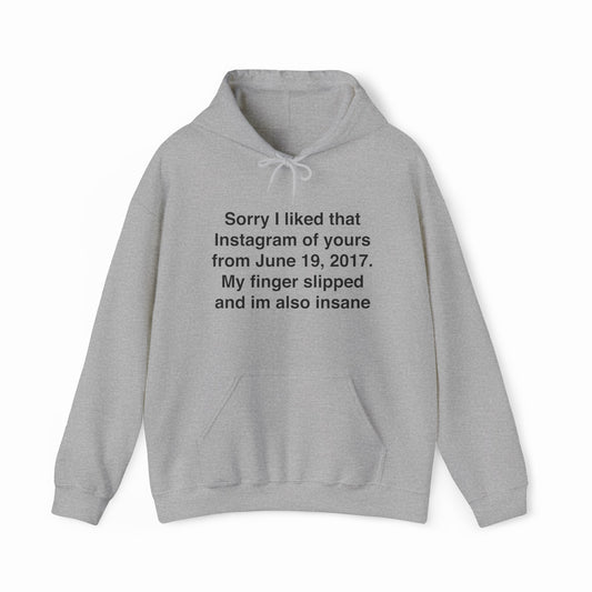 A light gray Sorry I Liked That Instagram Of Yours Hoodie, made from medium-heavy fabric, features bold black text: "Sorry I liked that Instagram of yours from June 19, 2017. My finger slipped and I'm also insane.