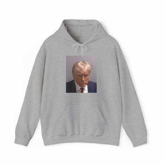 The Trump Mug Shot Hoodie is a gray hoodie featuring a printed image of a serious-looking blond man in a suit and tie, inspired by Trump Mug Shot designs. It includes a tear-away label for added comfort.