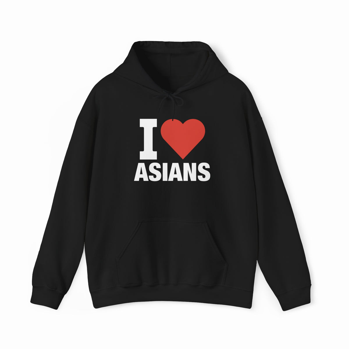 The I Heart Asians Hoodie features bold white lettering and a red heart on the front, crafted from medium-heavy fabric for lasting comfort. This black hoodie is part of our unique Illegal Shirts collection.
