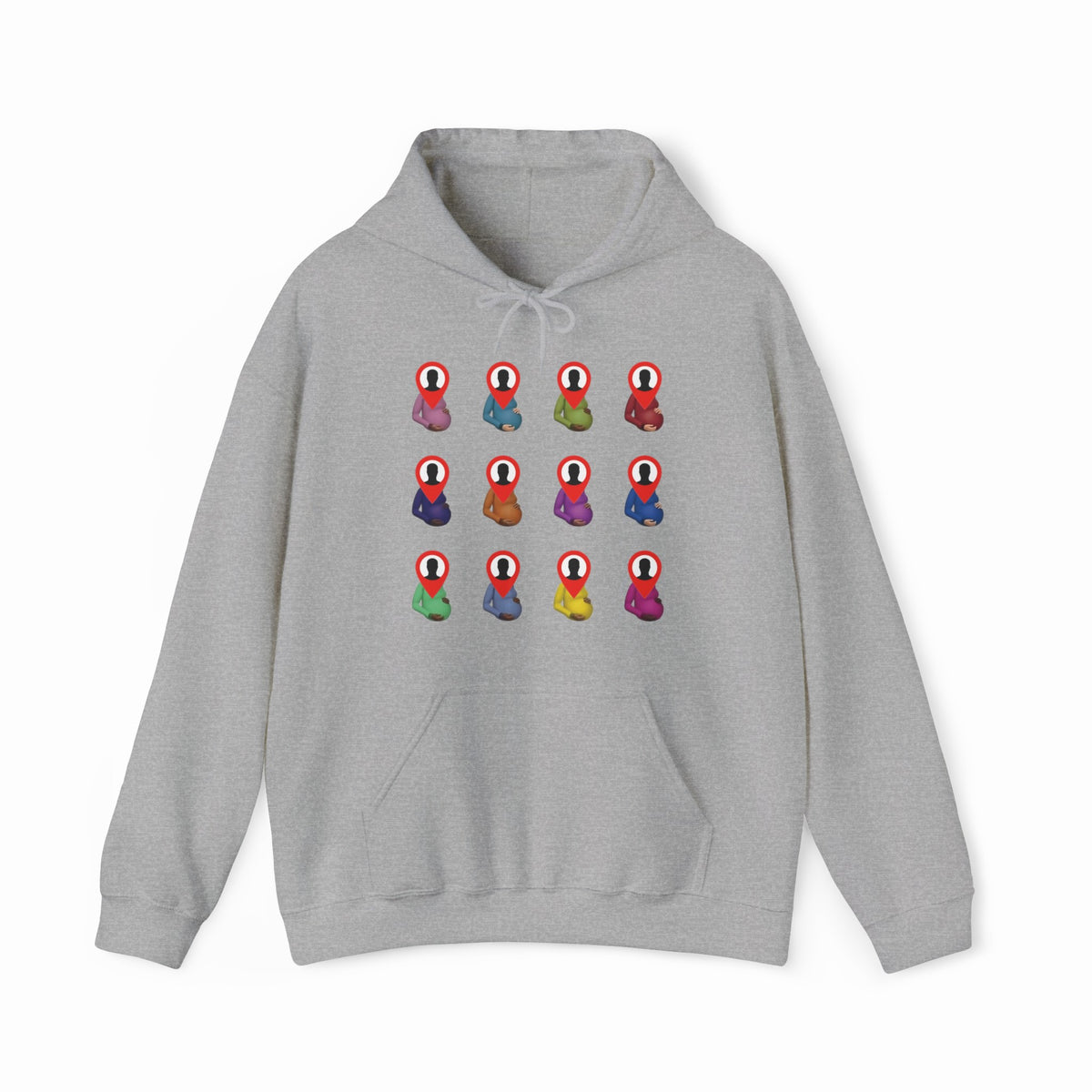 A gray Certified Pedophile Hoodie in medium-heavy fabric, featuring a grid of twelve cartoon meditating figures with red and white heads, each in colorful robes. Part of our exclusive Illegal Shirts collection.