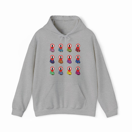 A gray Certified Pedophile Hoodie in medium-heavy fabric, featuring a grid of twelve cartoon meditating figures with red and white heads, each in colorful robes. Part of our exclusive Illegal Shirts collection.