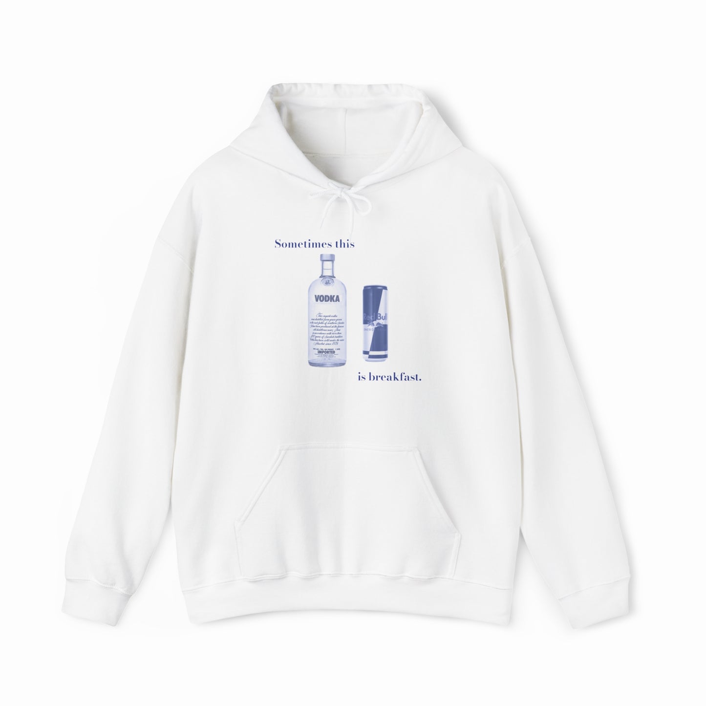 The Sometimes This Is Breakfast Hoodie by Illegal Shirts features a playful vodka bottle and shot glass graphic with the text "Sometimes this is breakfast," crafted from a soft cotton-polyester blend.