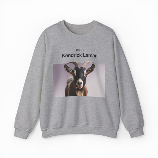 The This Is Kendrick Lamar Crewneck is a gray sweatshirt with "THIS IS Kendrick Lamar" above a goat photo—one of our funniest Illegal Shirts and a must-have for fans seeking something unique.