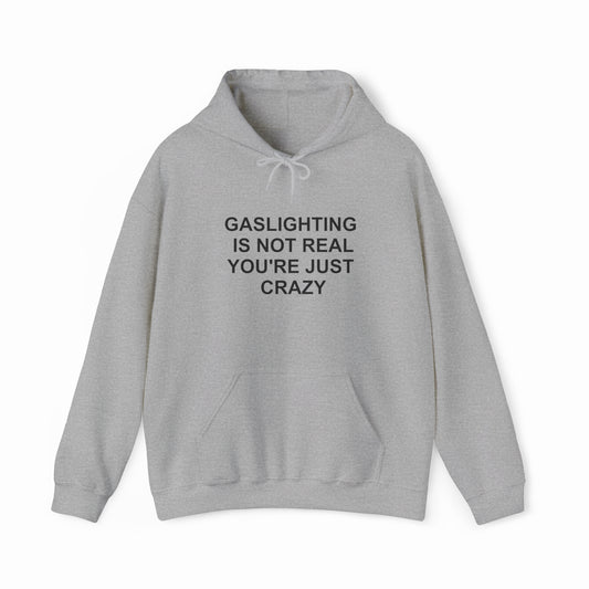 This light gray cotton-polyester "Gaslighting Is Not Real You're Just Crazy Hoodie" features bold black text on the front and is part of our exclusive Illegal Shirts collection.