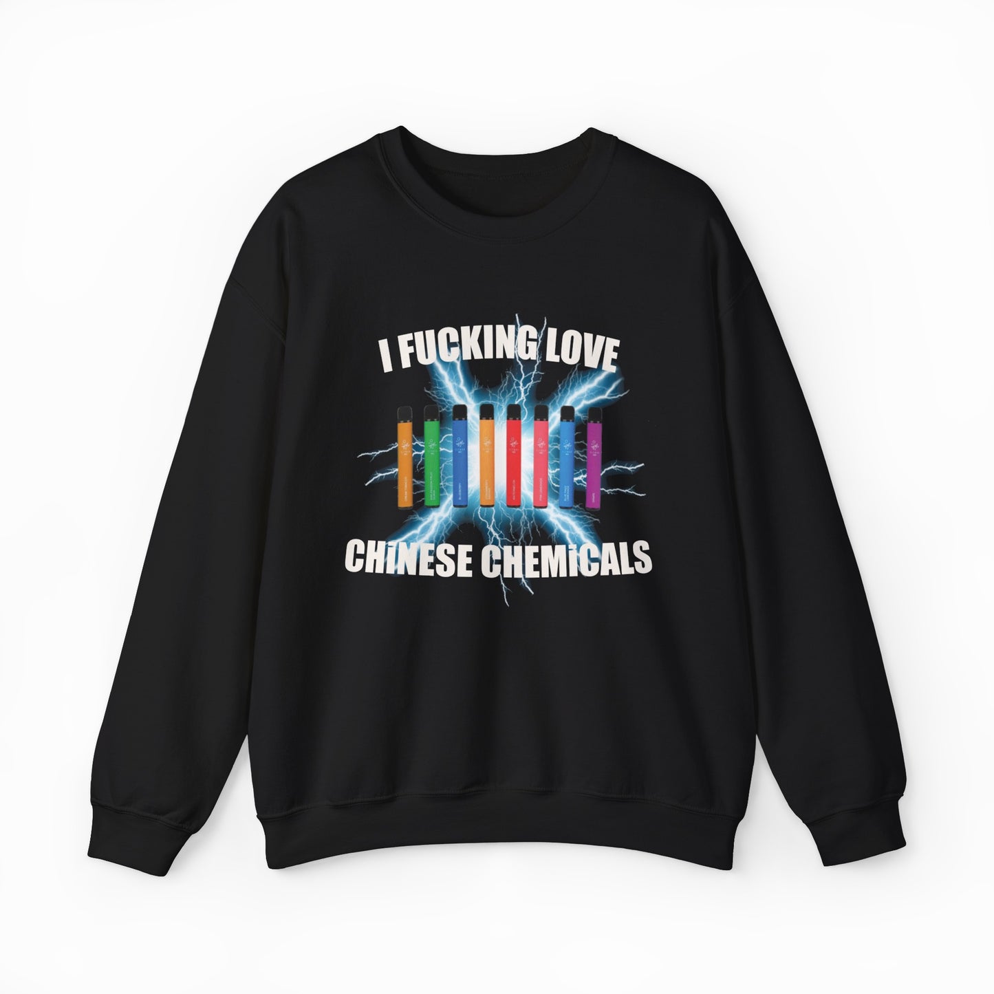 The I Fucking Love Chinese Chemicals Crewneck is a black sweatshirt featuring “I FUCKING LOVE CHINESE CHEMICALS” text and colorful vape pens on a blue electric burst—ideal for fans of bold, funny shirts with an edgy style.