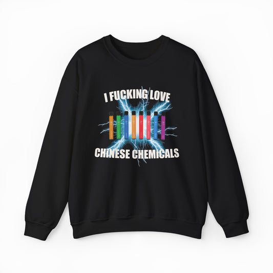 The I Fucking Love Chinese Chemicals Crewneck is a black sweatshirt featuring “I FUCKING LOVE CHINESE CHEMICALS” text and colorful vape pens on a blue electric burst—ideal for fans of bold, funny shirts with an edgy style.