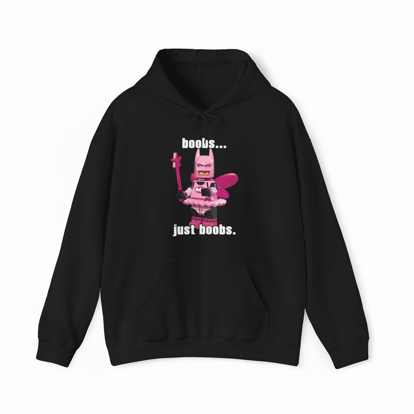 The Boobs... Just Boobs. Hoodie features a pink toy figure with a staff, crown, wings, and the phrase "boobs... just boobs." on cotton-polyester for a bold style statement.