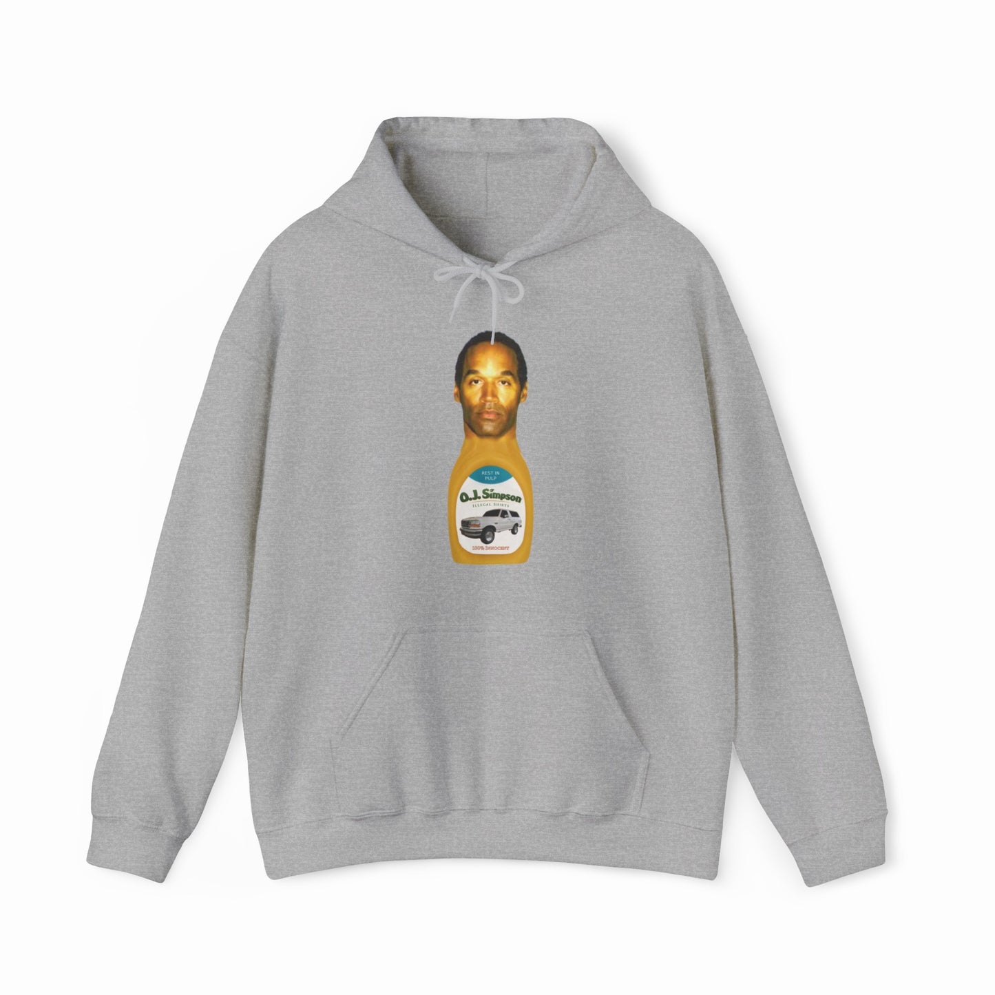 The O.J. Simpson Hoodie is a gray, medium-heavy hoodie featuring a bottle with a man's face as the top. Its label mimics a salad dressing graphic, making it an iconic piece from Illegal Shirts.