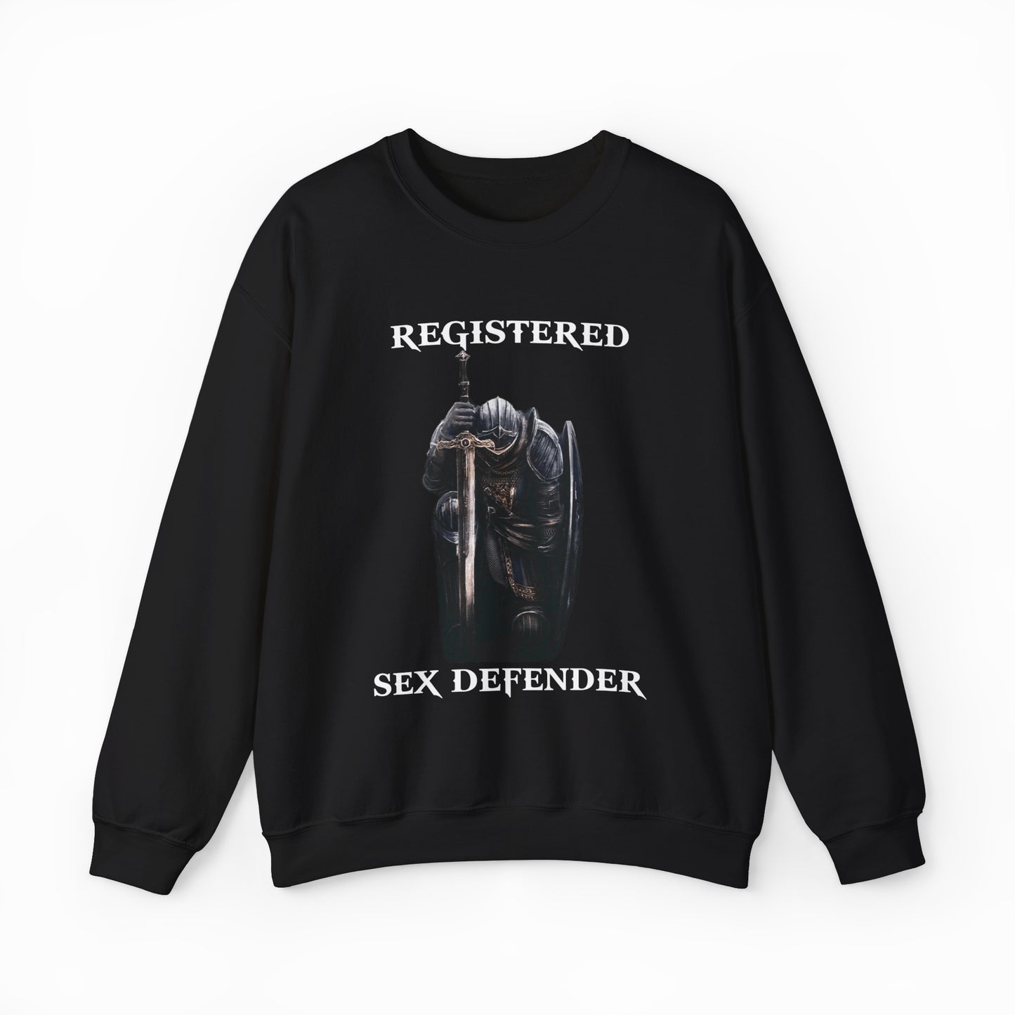 The Registered Sex Defender Crewneck is a black sweatshirt made from medium-heavy fabric, featuring a striking image of a knight holding a sword.