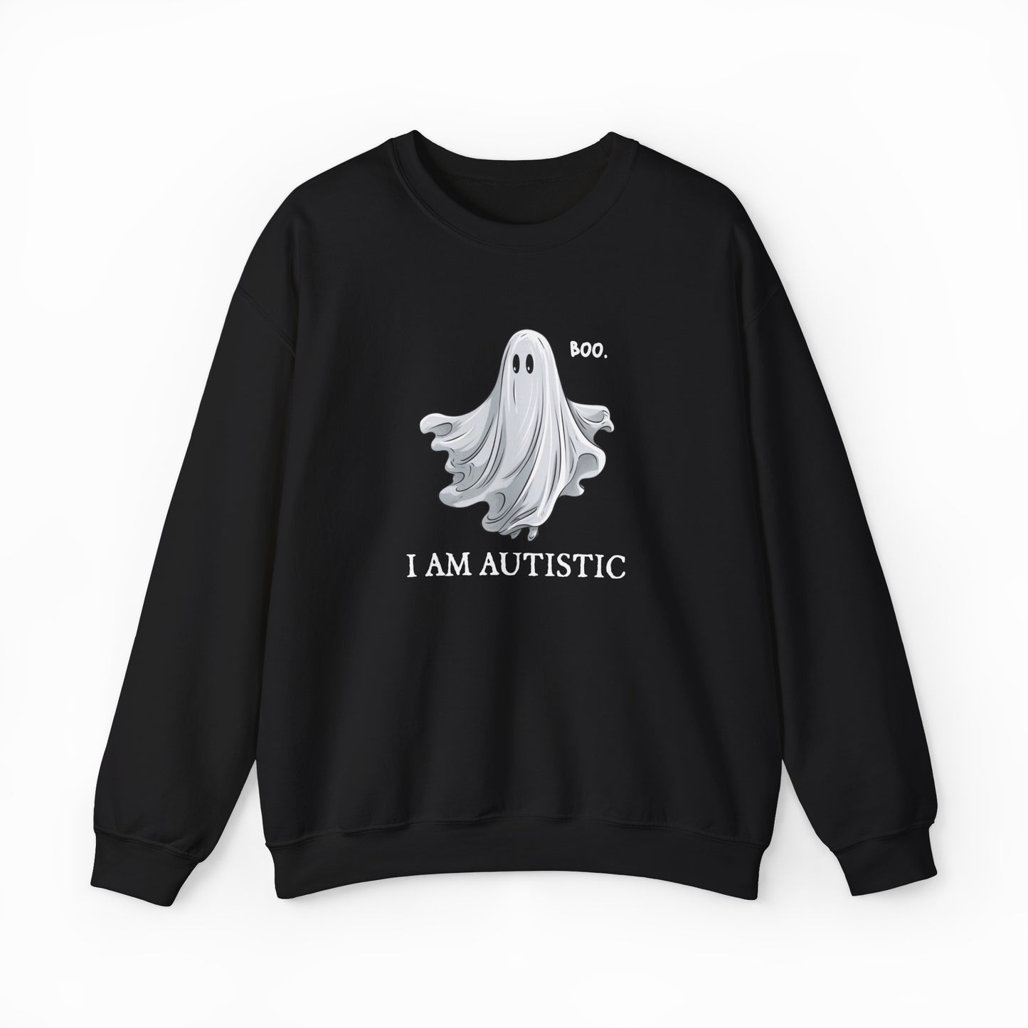 The Boo, I Am Autistic Crewneck is a black sweatshirt crafted from a soft cotton-polyester blend, featuring a cute ghost and "Boo I Am Autistic"—a stylish and comfortable way to show your autistic pride.