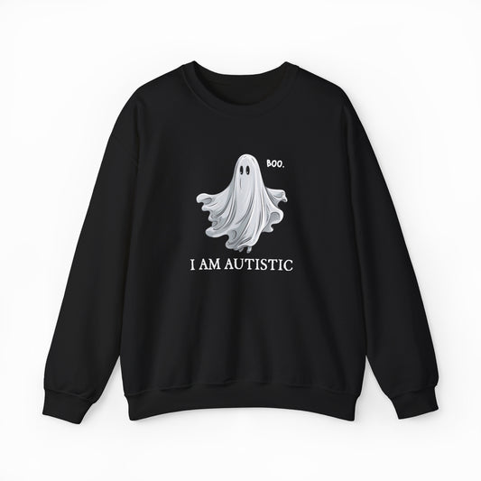 The Boo, I Am Autistic Crewneck is a black sweatshirt crafted from a soft cotton-polyester blend, featuring a cute ghost and "Boo I Am Autistic"—a stylish and comfortable way to show your autistic pride.
