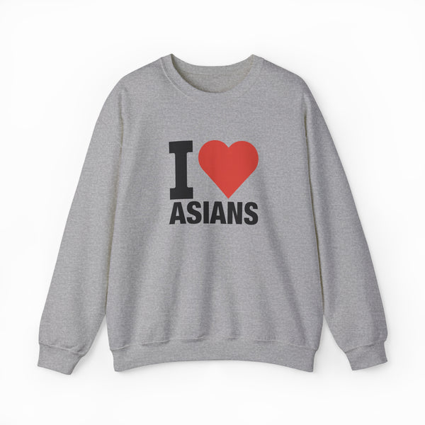 The I Heart Asians Crewneck by Illegal Shirts is a gray sweatshirt featuring "I Heart Asians" on the front with a red heart symbol. Made from medium-heavy fabric, it offers comfort and durability.