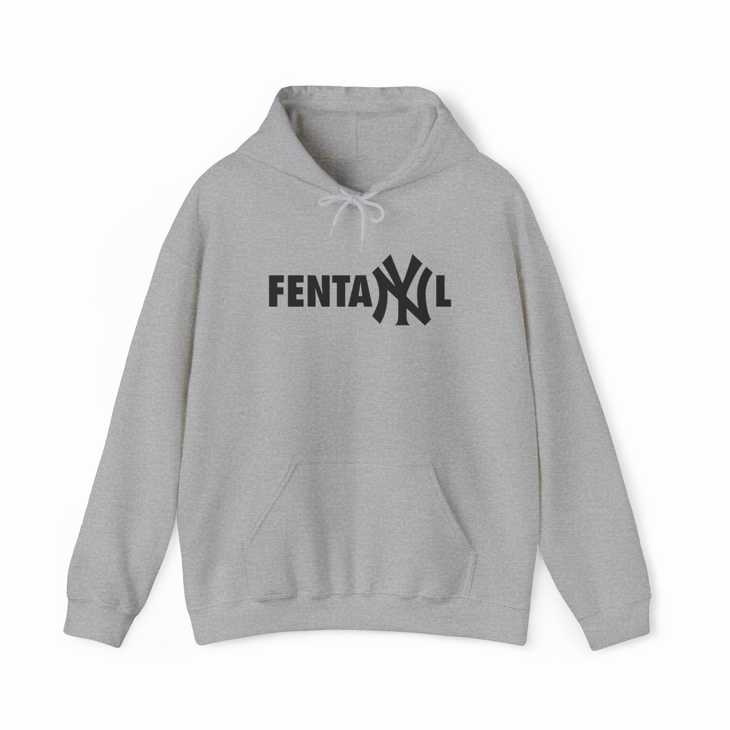 The FentaNYl Hoodie features light gray fabric and bold black letters across the chest, with "NY" styled like the Yankees logo—a funny, conversation-starting shirt for fans of unique designs.