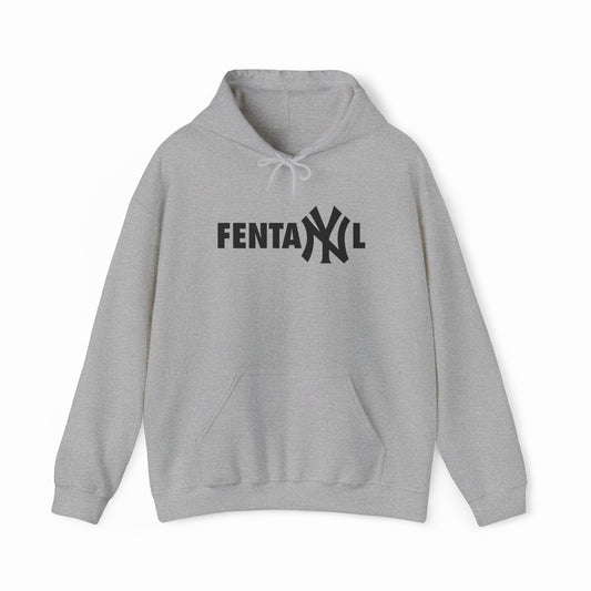 The FentaNYl Hoodie features light gray fabric and bold black letters across the chest, with "NY" styled like the Yankees logo—a funny, conversation-starting shirt for fans of unique designs.