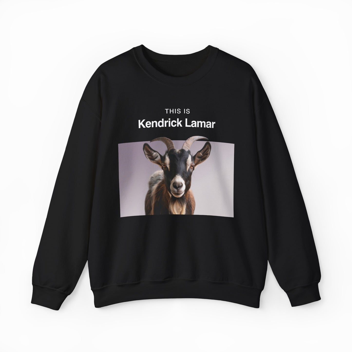 The This Is Kendrick Lamar Crewneck is a black sweatshirt with a photo of a goat and the words "THIS IS Kendrick Lamar" above it, shown flat on a white background—a unique pick for fans who love humorous shirts.