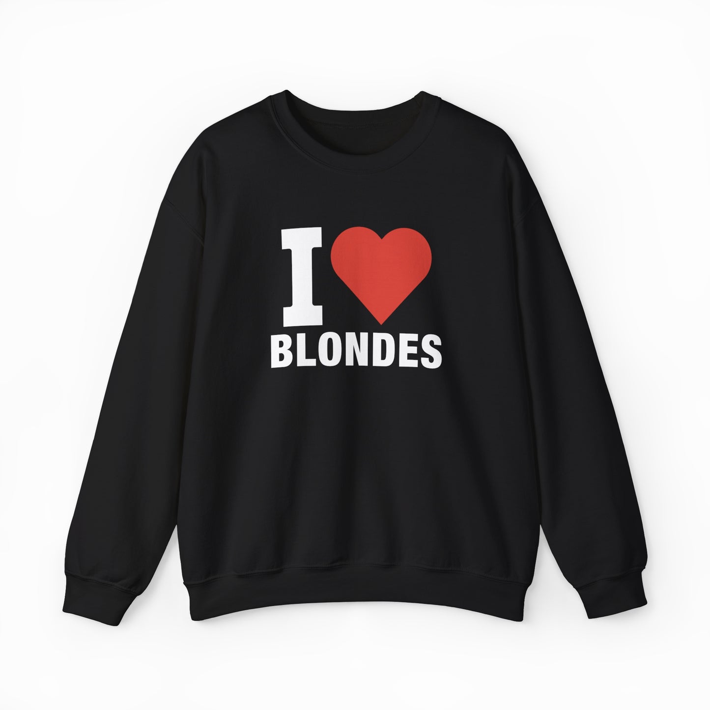The I Heart Blondes Crewneck by Illegal Shirts is a black cotton-polyester sweatshirt featuring a bold "I Heart Blondes" design with a large red heart, displayed flat on a white background.