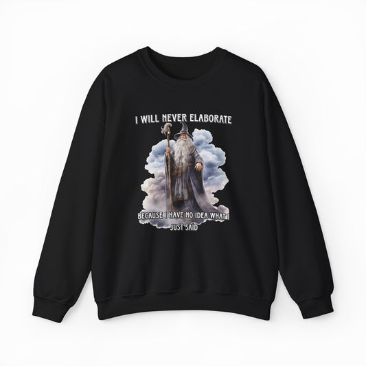 The I Will Never Elaborate Crewneck is a black, medium-heavy sweatshirt featuring a wizard with a staff in the clouds and bold "I Will Never Elaborate" text—an iconic piece from Illegal Shirts.