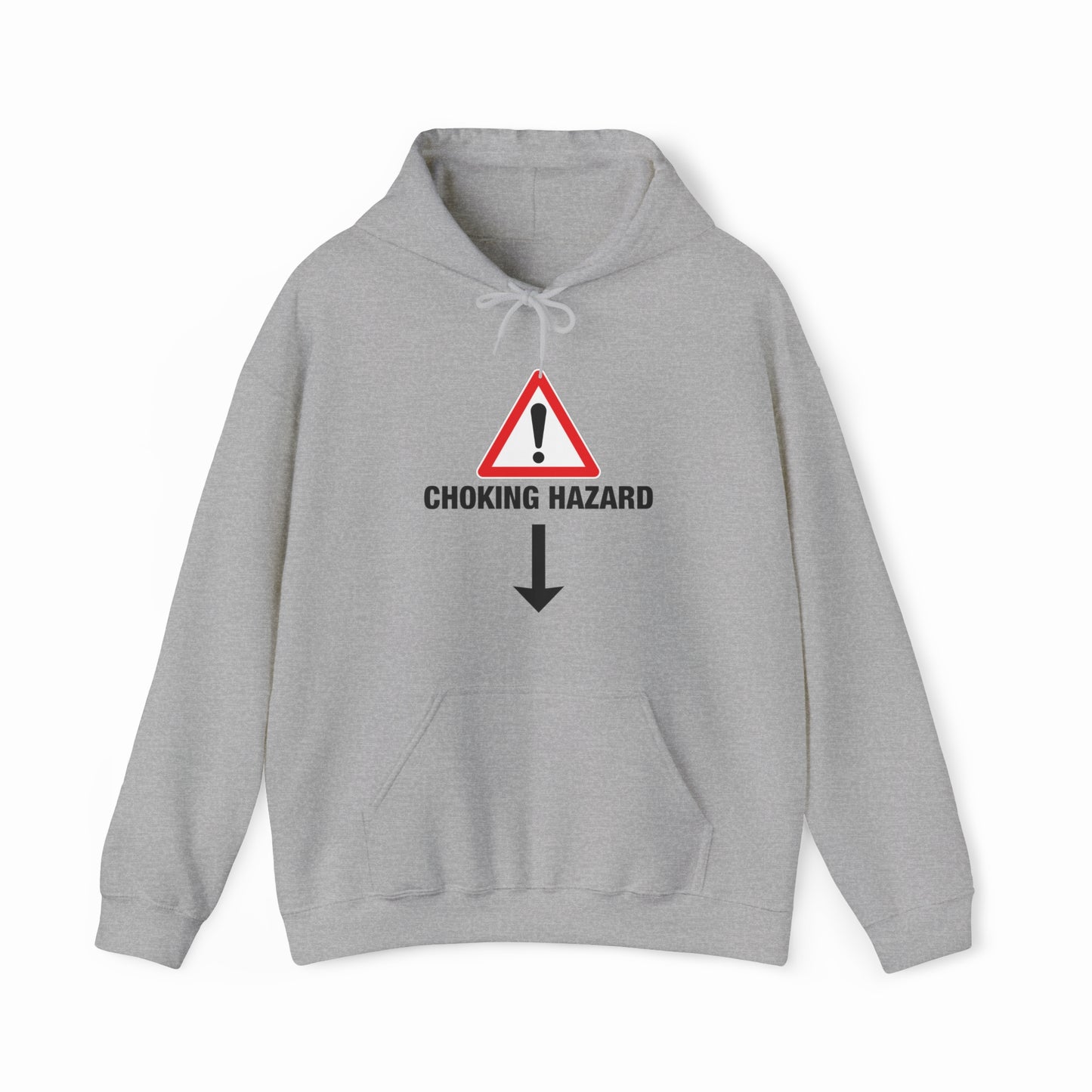 The Choking Hazard Hoodie from Illegal Shirts is gray, made with medium-heavy fabric, and features a warning sign with an exclamation mark, "CHOKING HAZARD" text, and a downward arrow printed on the front.