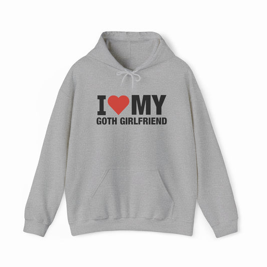 A gray I Heart My Goth Girlfriend Hoodie with bold black and red "I ♥ MY GOTH GIRLFRIEND" text—perfect for showing love with a touch of Illegal Shirts style.