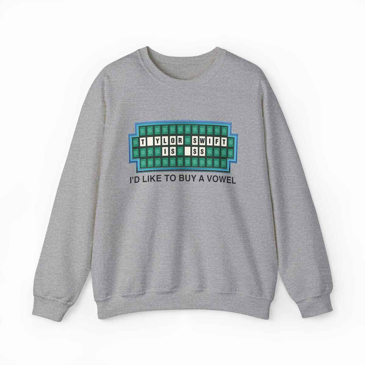 The “I’d Like To Buy A Vowel Crewneck” is a gray Taylor Swift sweatshirt with a game board design, blank tiles spelling T_YL_R SW__T IS S_S, and "I'D LIKE TO BUY A VOWEL" printed below—ideal for Swifties who love humor.