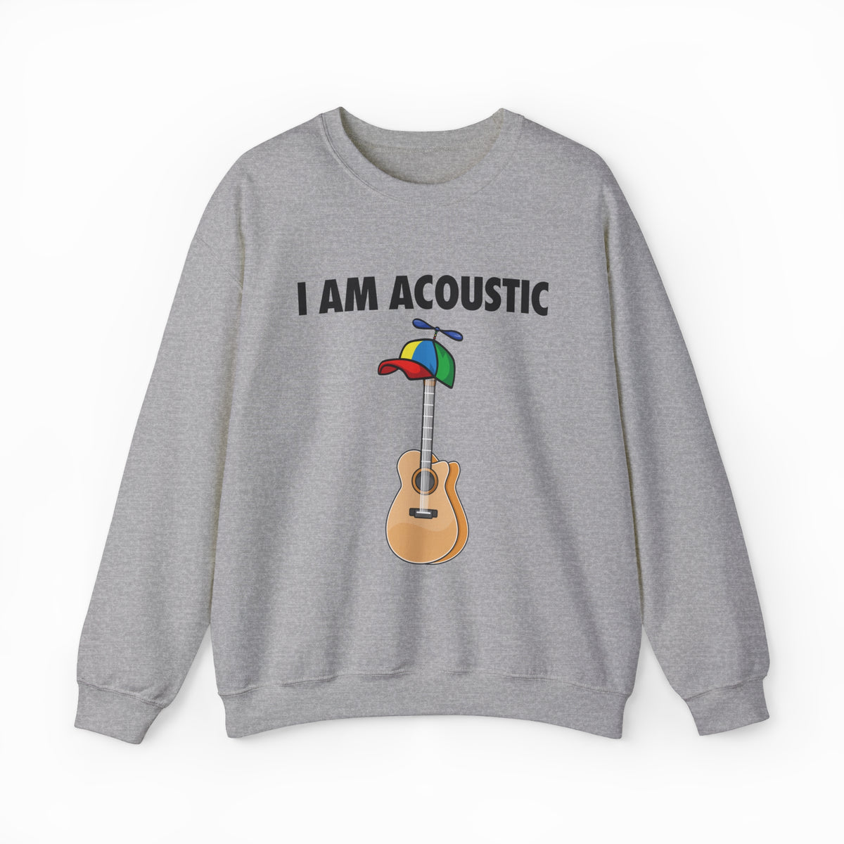 The I Am Acoustic Crewneck is a gray sweatshirt crafted from ethically grown cotton, featuring “I AM ACOUSTIC” above a tan guitar in a propeller beanie—perfect for fans of funny shirts.
