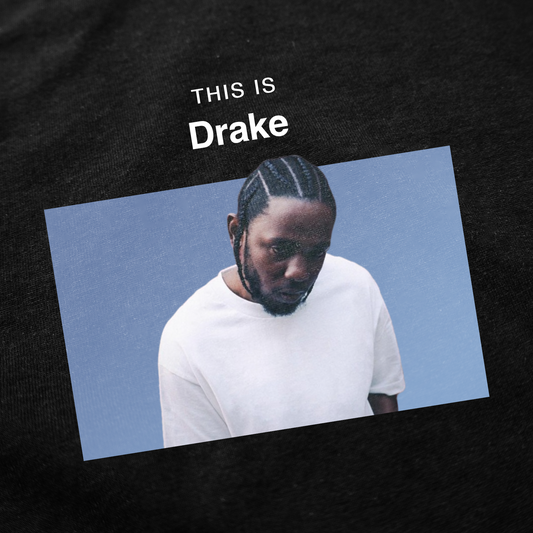 The This Is Drake T-Shirt in black showcases "THIS IS DRAKE" text above a braided man in a white shirt on a light blue background—a unique pick for fans of funny tees and standout style.