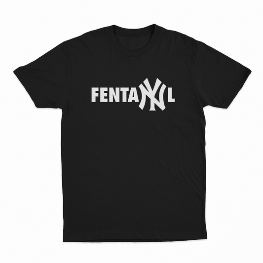 The FentaNYl T-Shirt is made from ethically grown cotton with "FENTANYL" in white and a Yankees-style NY logo, crafted for comfort and durability in 175 GSM fabric.