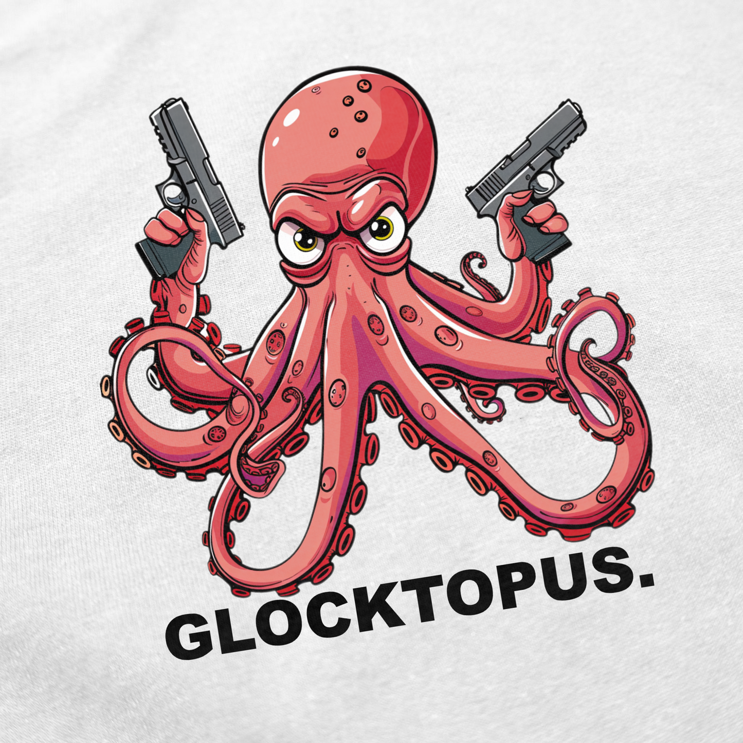 The Glocktopus T-Shirt features a cartoon octopus with a fierce look, holding pistols in its tentacles and “GLOCKTOPUS.” printed below—a bold, funny tee inspired by Illegal Shirts for fans of quirky humor.