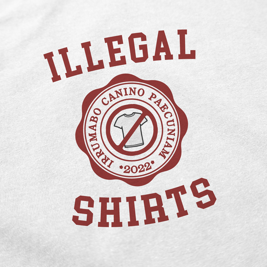 The Illegal Shirts Emblem T-Shirt features a white fabric, a red and black circular emblem with a crossed-out shirt icon, bold "ILLEGAL SHIRTS" text, and Latin plus 2022 circling the symbol—perfect for fans of funny or standout shirts.