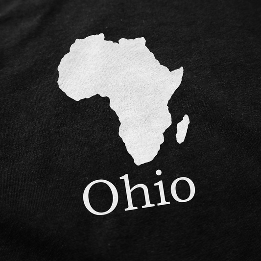 The Ohio (Africa) T-Shirt features a white African continent silhouette above "Ohio" on a black background, making it a unique choice for fans of funny shirts.