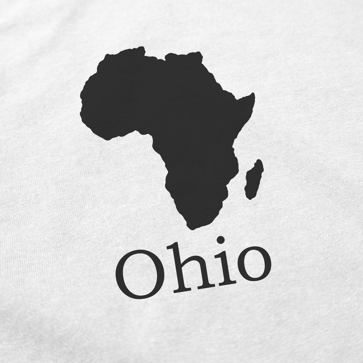 The Ohio (Africa) T-Shirt features a black African continent silhouette above "Ohio," forming a creative black design on white fabric.