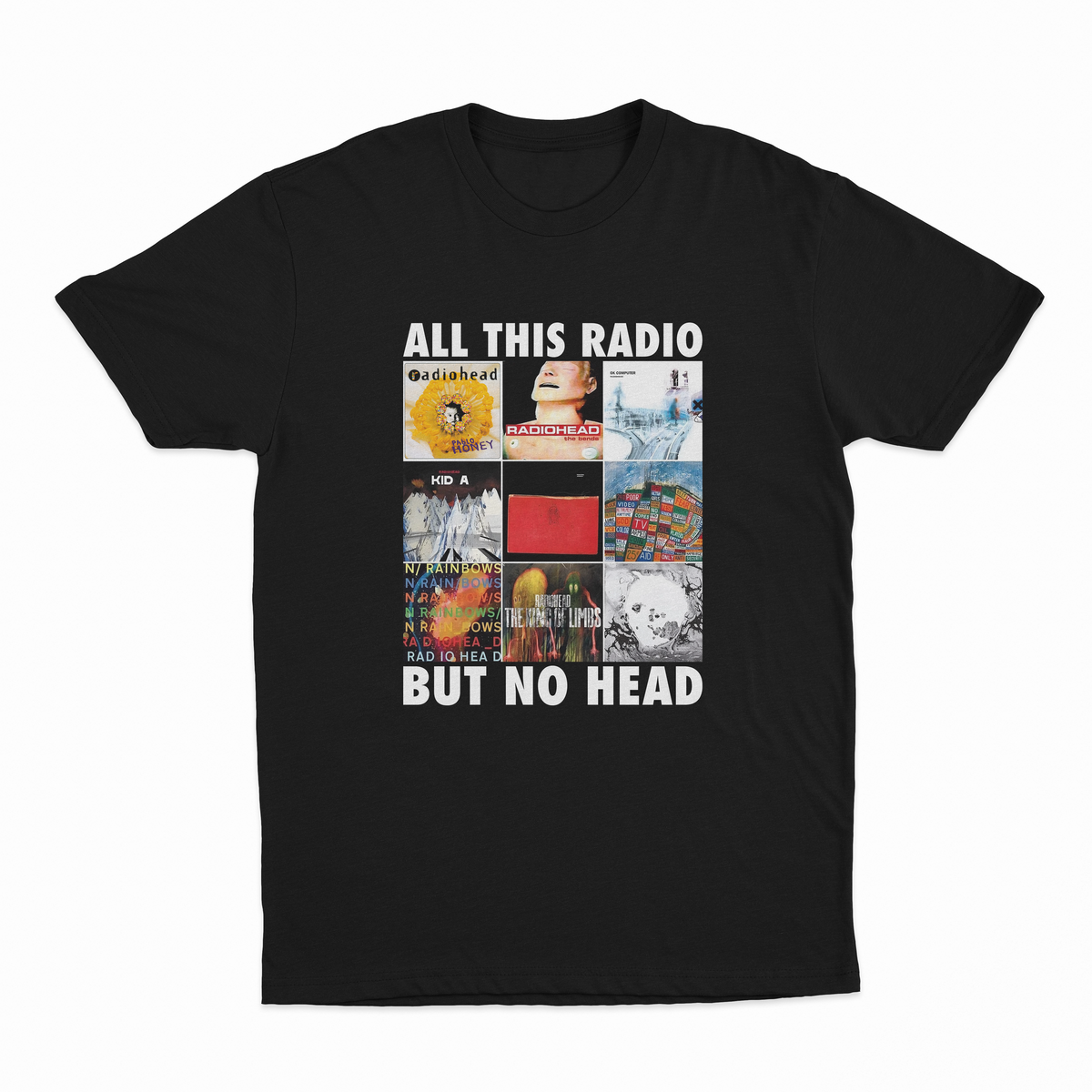 Black crew neck t-shirt with text and multiple rectangular cut-outs forming a collage on the front side, predominantly in white and red colors.