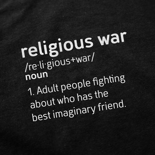 The Religious War Definition T-Shirt, crafted from ethically grown cotton, features a witty white print styled like a dictionary definition—ideal as a humorous conversation starter or unique church shirt.