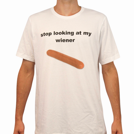 Wearing the Stop Looking At My Wiener T-Shirt, featuring the phrase above a hot dog image, is perfect for anyone who loves quirky tees or amusing Illegal Shirts.