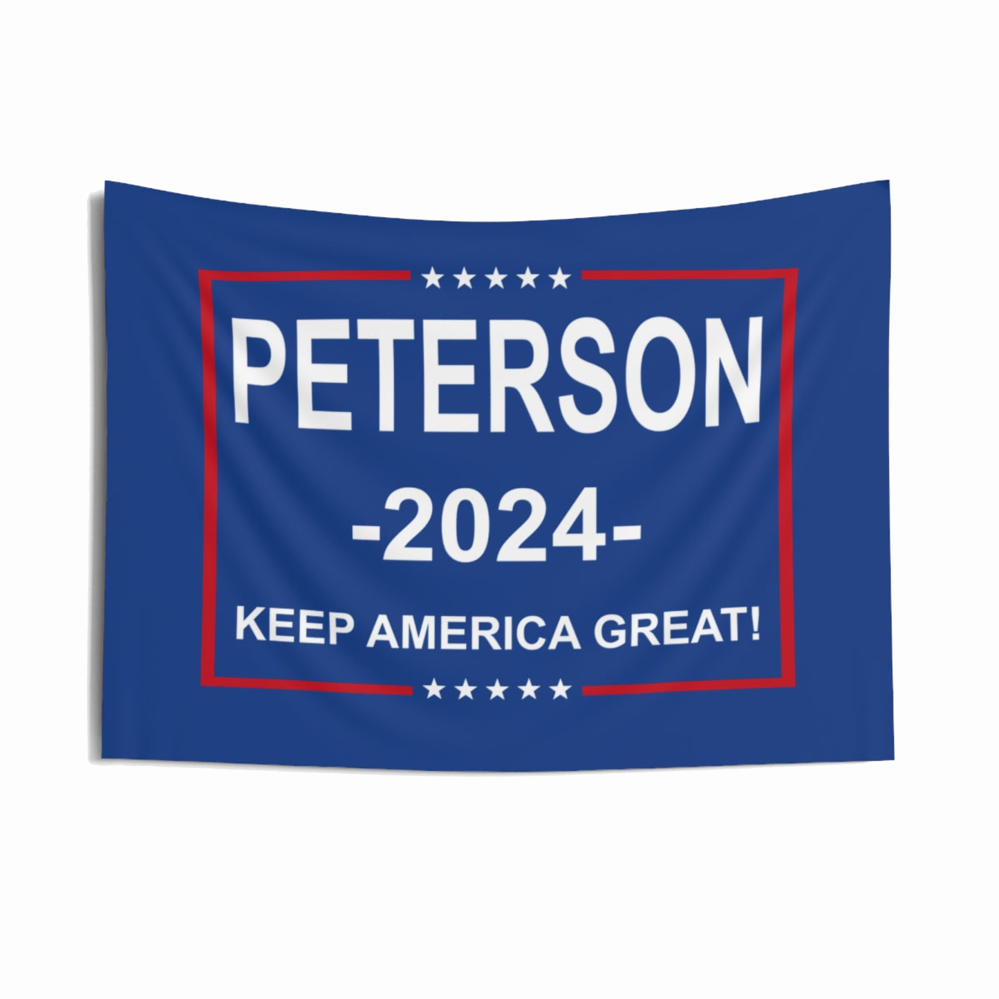 A blue, water-resistant polyester Brent Peterson 2024 FLAG with white "PETERSON 2024 - KEEP AMERICA GREAT!" text, sized 36x26 inches, features a red border and white stars above and below the lettering.