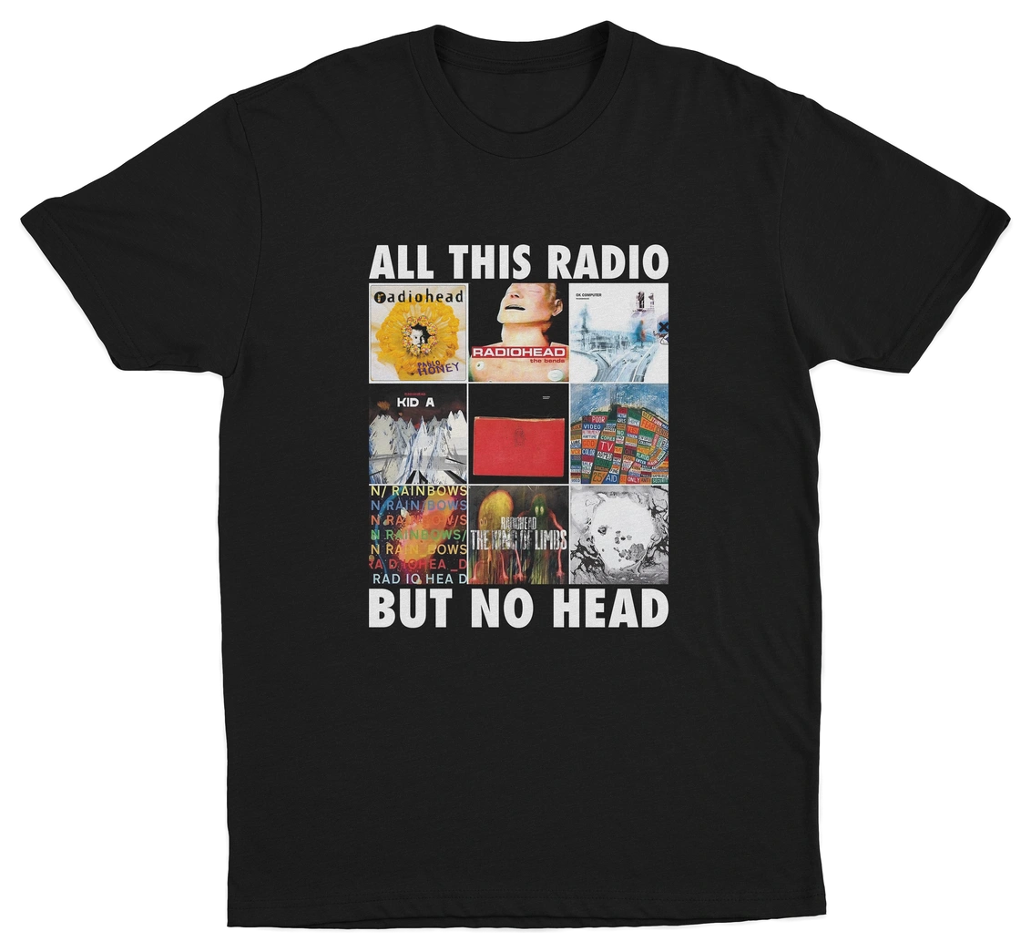 Black crew neck t-shirt with text and multiple rectangular cut-outs forming a collage on the front side, predominantly in white and red colors.