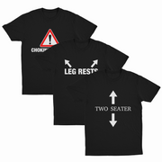 The Ladies Man 3–Pack includes three black tees with witty prints: Choking Hazard (warning symbol), Leg Rests (sideways arrows), and Two Seater (up/down arrows)—a perfect choice to add humor to your style.