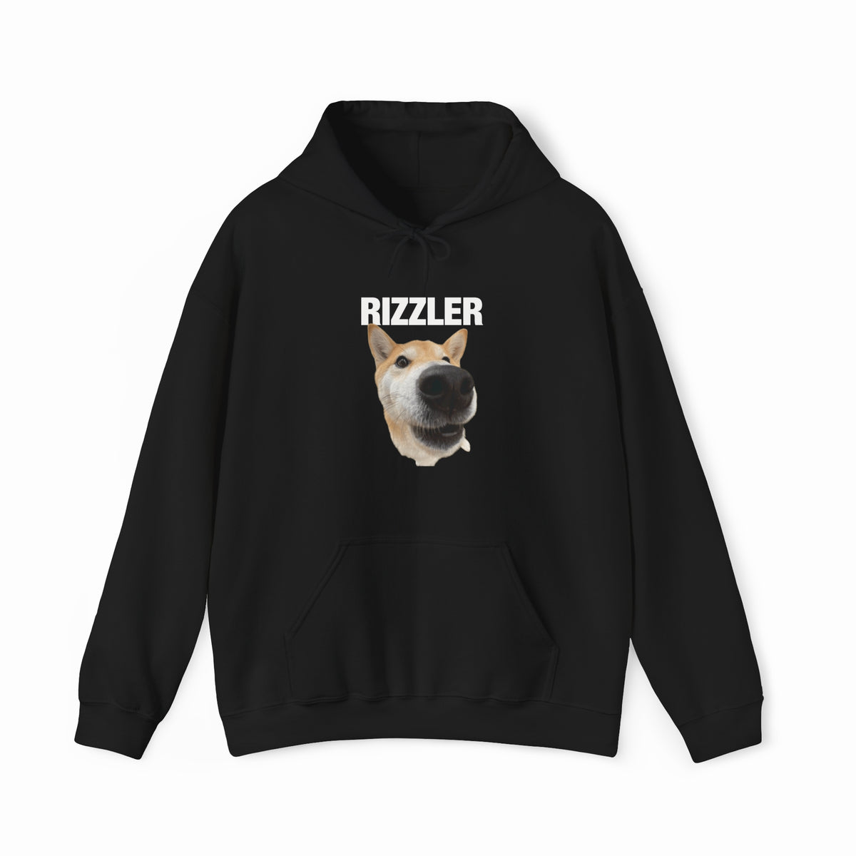 The Rizzler Hoodie is a black, medium-heavy hoodie with a large front graphic of a dog’s face with a distorted snout and the bold white RIZZLER design above the image.