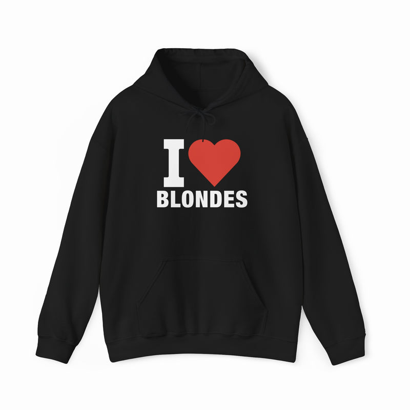 The I Heart Blondes Hoodie is a black cotton-polyester pullover with "I Heart Blondes" in white letters and a red heart, front pocket, and drawstrings. Part of our Illegal Shirts collection.