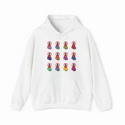 A white Certified Pedophile Hoodie showcasing a grid of 12 colorful, meditating cartoon figures with red hoods and halos on the chest. Made from medium-heavy fabric—ideal for fans of quirky Illegal Shirts.