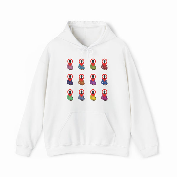 A white Certified Pedophile Hoodie showcasing a grid of 12 colorful, meditating cartoon figures with red hoods and halos on the chest. Made from medium-heavy fabric—ideal for fans of quirky Illegal Shirts.
