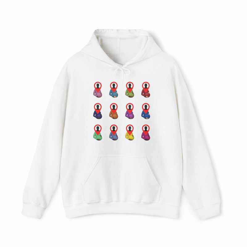A white Certified Pedophile Hoodie showcasing a grid of 12 colorful, meditating cartoon figures with red hoods and halos on the chest. Made from medium-heavy fabric—ideal for fans of quirky Illegal Shirts.