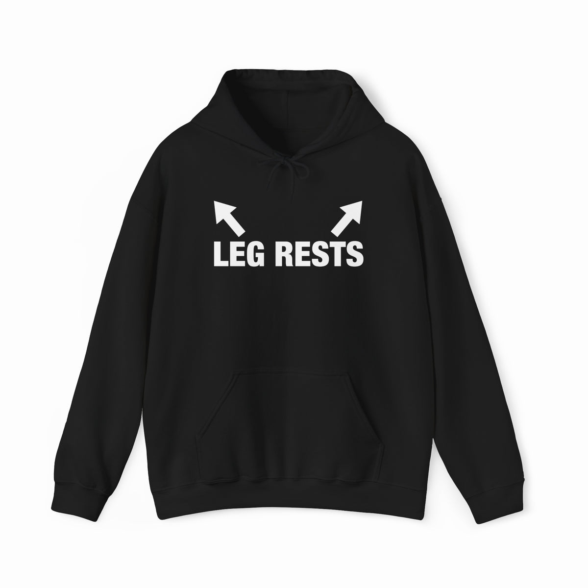 The Leg Rests Hoodie from Illegal Shirts is a black, medium-heavy hoodie with two white upward arrows and bold "LEG RESTS" lettering on the chest.
