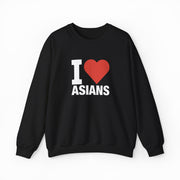 The I Heart Asians Crewneck from Illegal Shirts features "I ♥ ASIANS" in bold white print with a red heart, centered on the front of a black, medium-heavy sweatshirt for a striking look.
